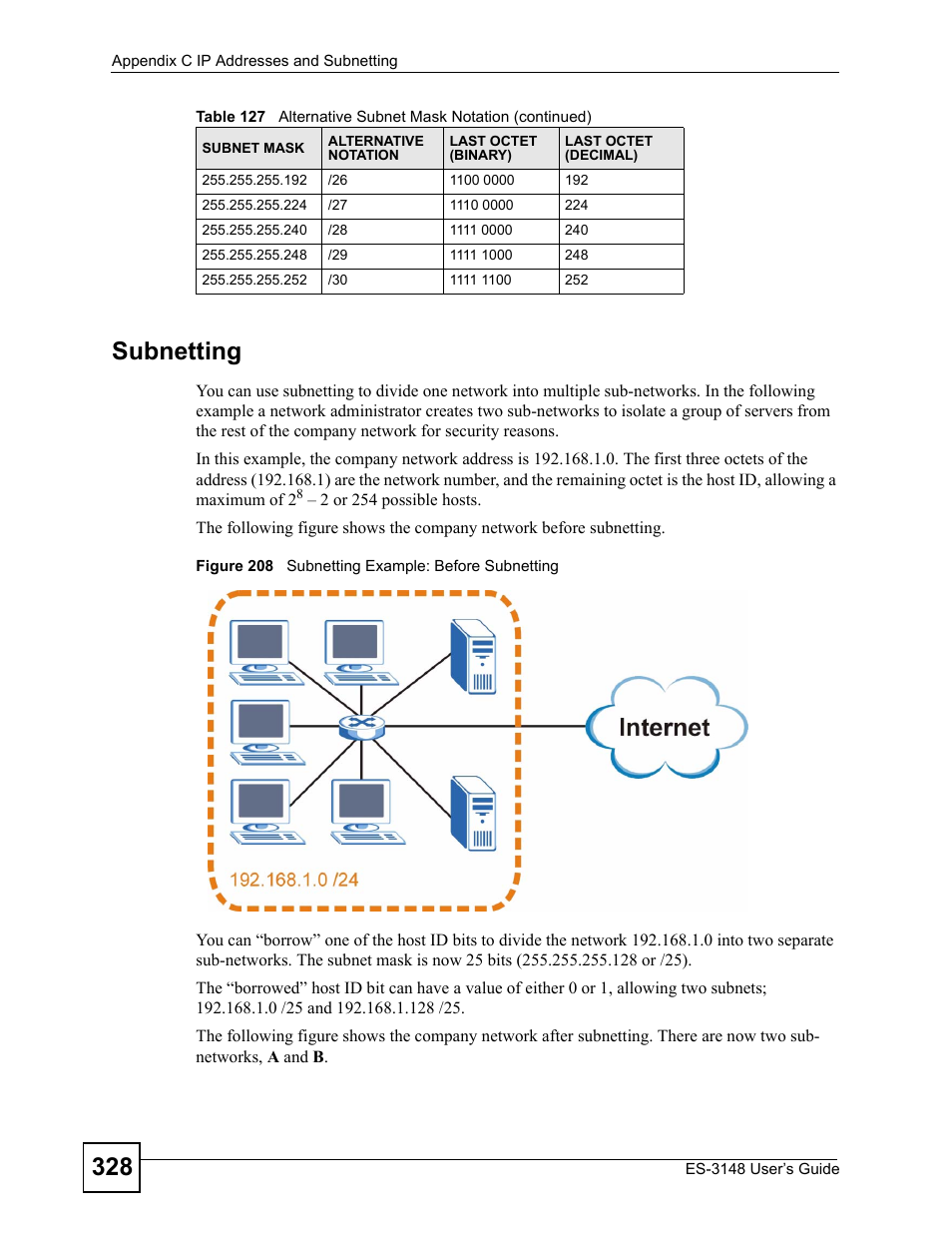 Figure 208 subnetting example: before subnetting, 328 subnetting | ZyXEL Communications ES-3148 Series User Manual | Page 328 / 362