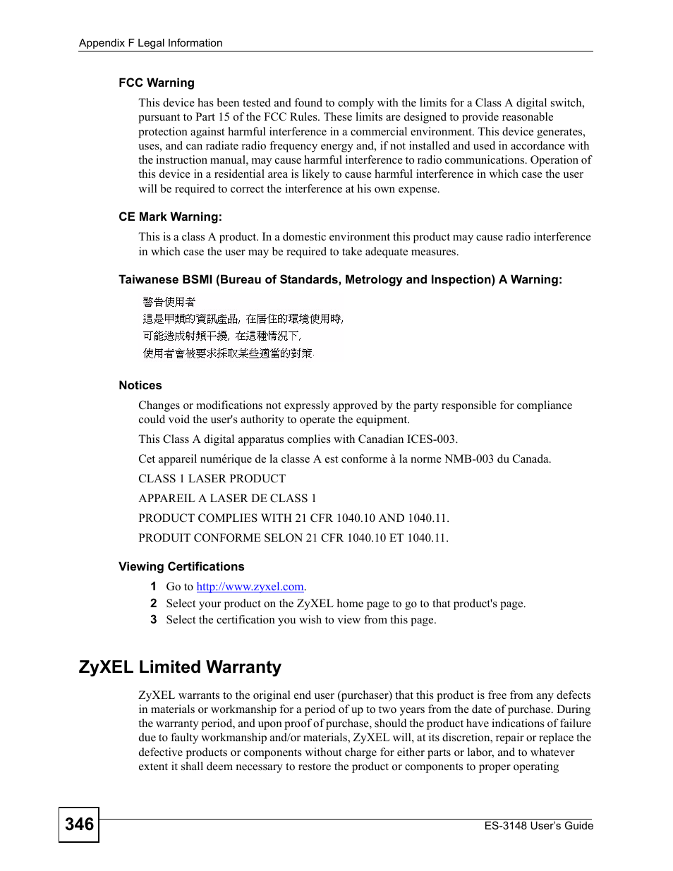 Zyxel limited warranty | ZyXEL Communications ES-3148 Series User Manual | Page 346 / 362