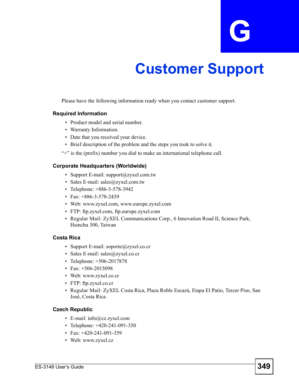 Customer support, Appendix g customer support, Customer support (349) | ZyXEL Communications ES-3148 Series User Manual | Page 349 / 362