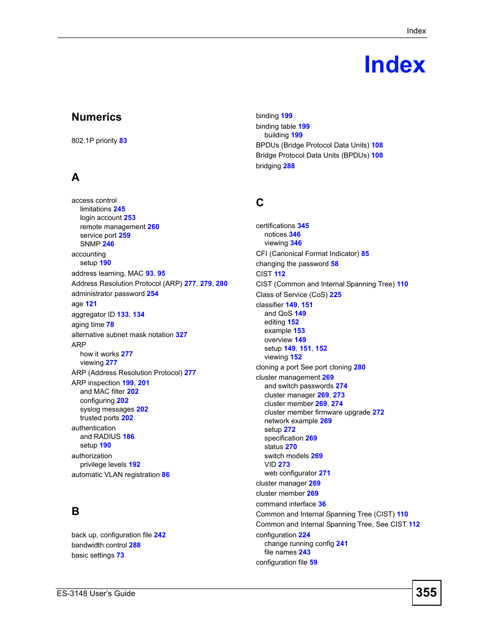 Index, Index (355), Numerics | ZyXEL Communications ES-3148 Series User Manual | Page 355 / 362