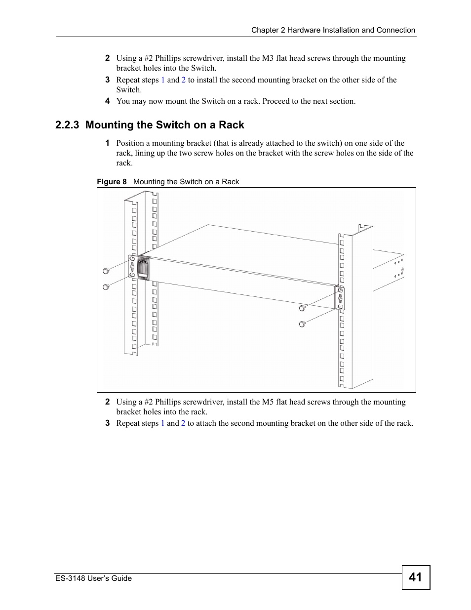 3 mounting the switch on a rack, Figure 8 mounting the switch on a rack | ZyXEL Communications ES-3148 Series User Manual | Page 41 / 362