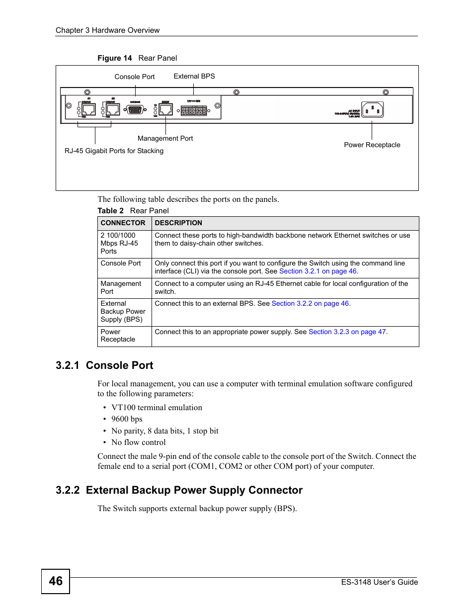 1 console port, 2 external backup power supply connector, Figure 14 rear panel | Table 2 rear panel | ZyXEL Communications ES-3148 Series User Manual | Page 46 / 362