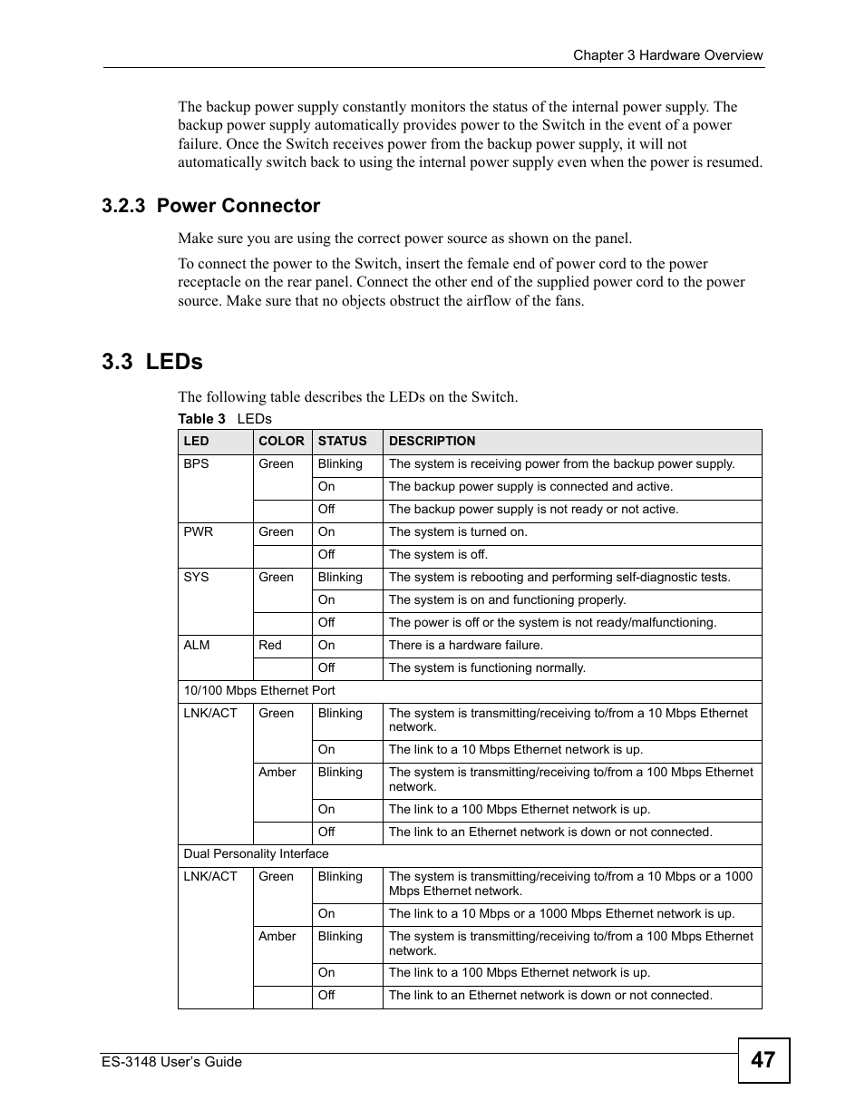 3 power connector, 3 leds, Table 3 leds | ZyXEL Communications ES-3148 Series User Manual | Page 47 / 362