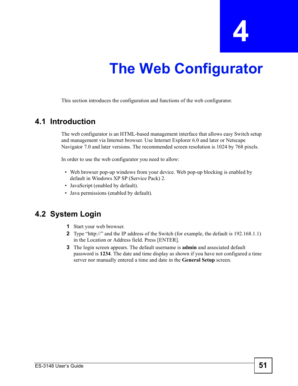 The web configurator, 1 introduction, 2 system login | Chapter 4 the web configurator, 1 introduction 4.2 system login, The web configurator (51) | ZyXEL Communications ES-3148 Series User Manual | Page 51 / 362