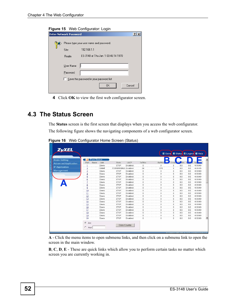 3 the status screen | ZyXEL Communications ES-3148 Series User Manual | Page 52 / 362