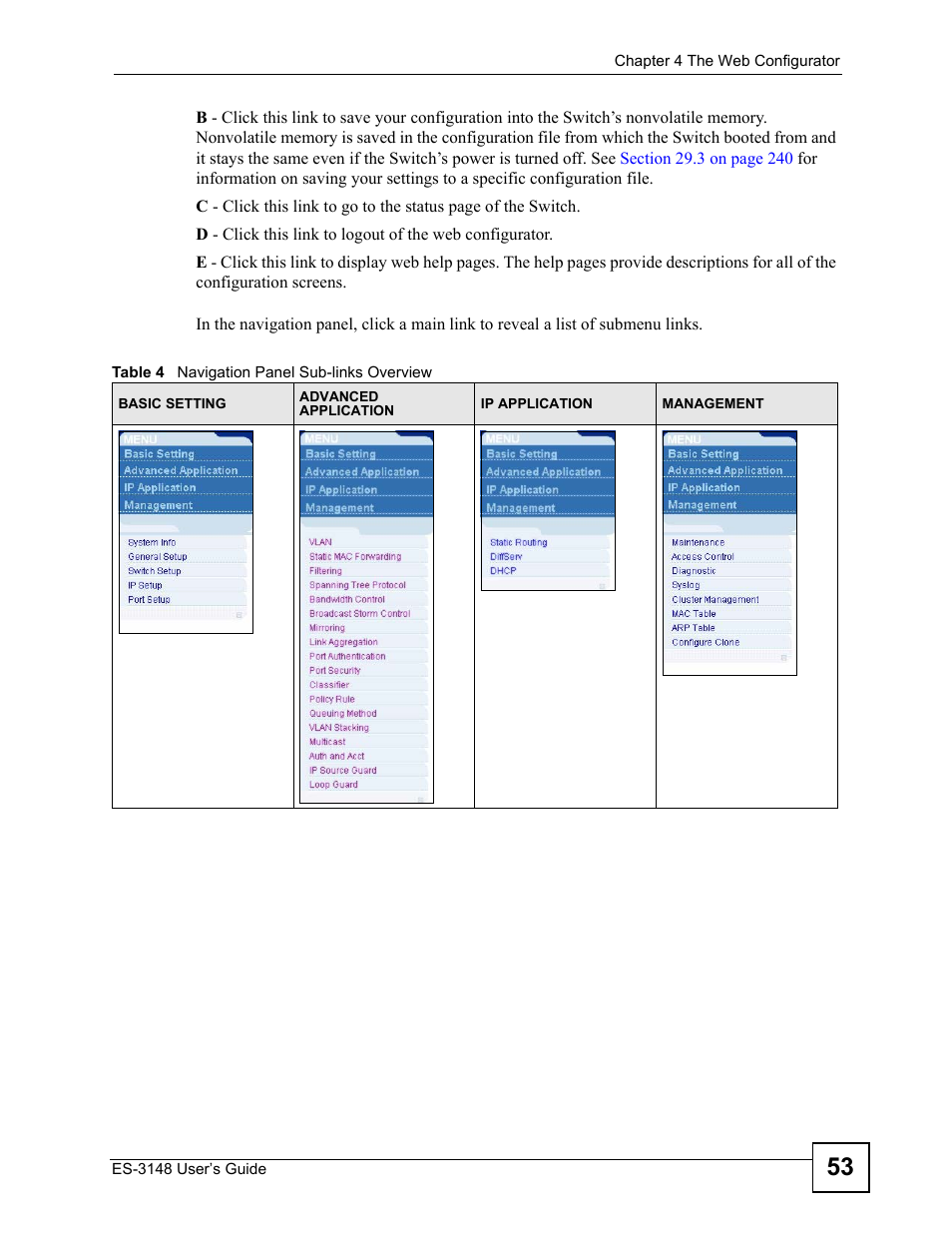 Table 4 navigation panel sub-links overview | ZyXEL Communications ES-3148 Series User Manual | Page 53 / 362