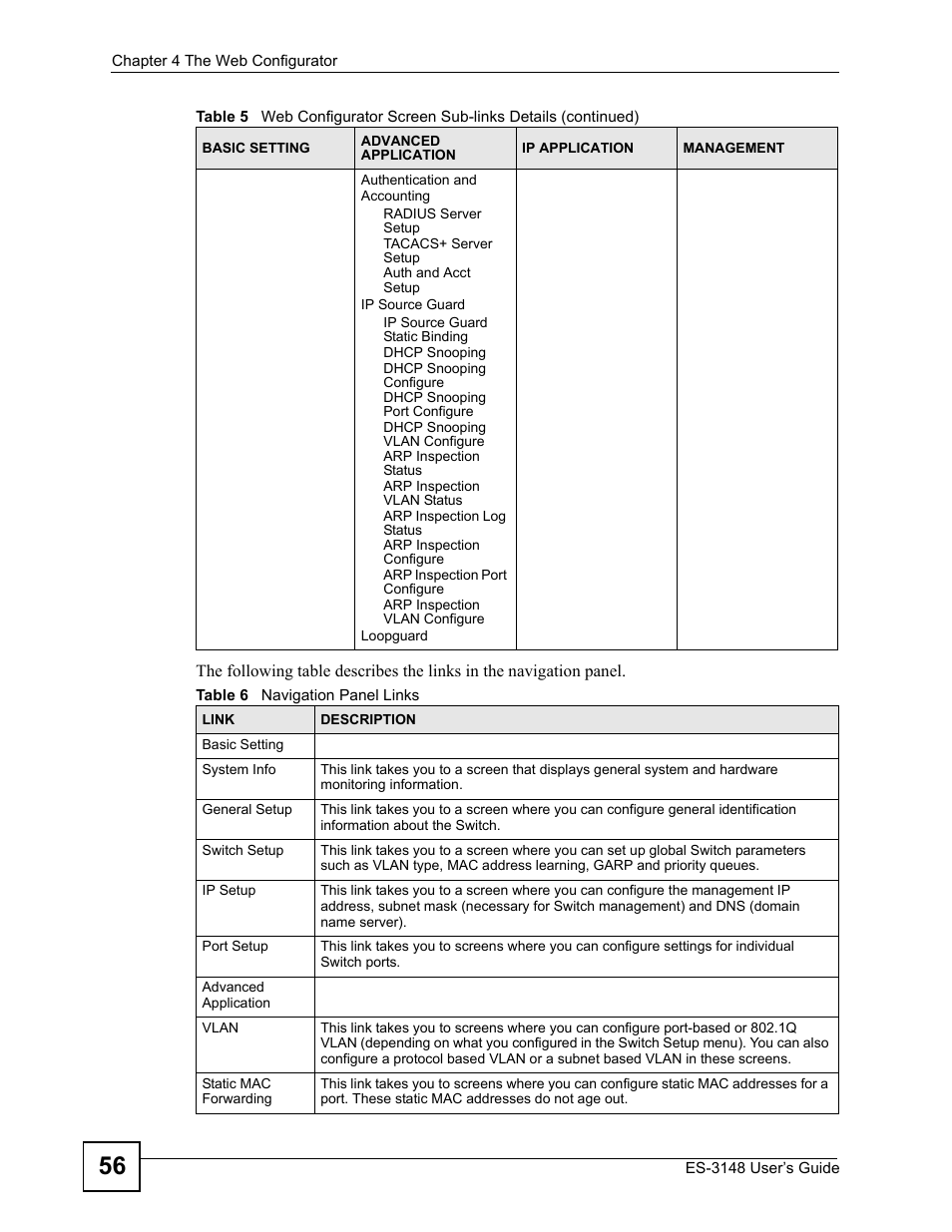 Table 6 navigation panel links | ZyXEL Communications ES-3148 Series User Manual | Page 56 / 362