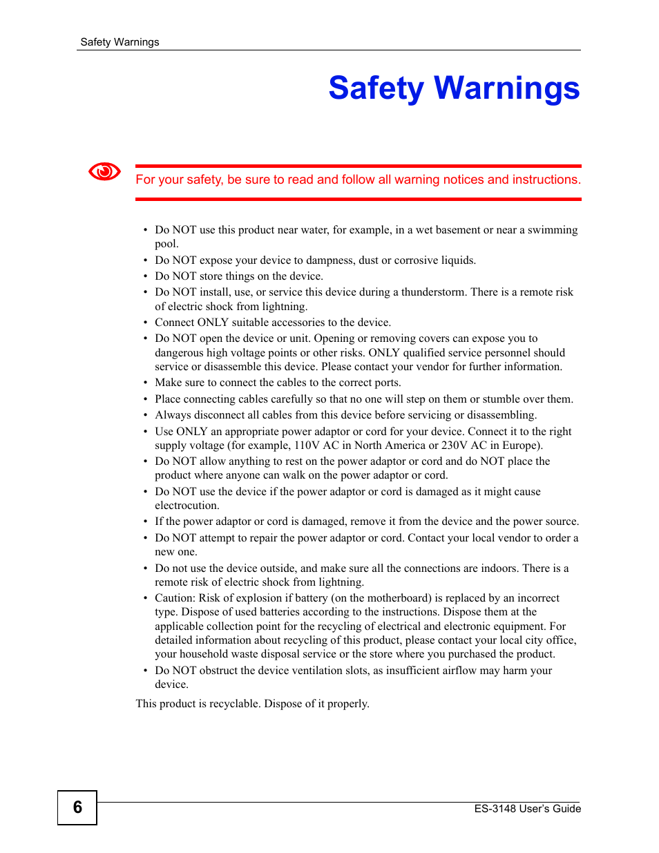 Safety warnings | ZyXEL Communications ES-3148 Series User Manual | Page 6 / 362