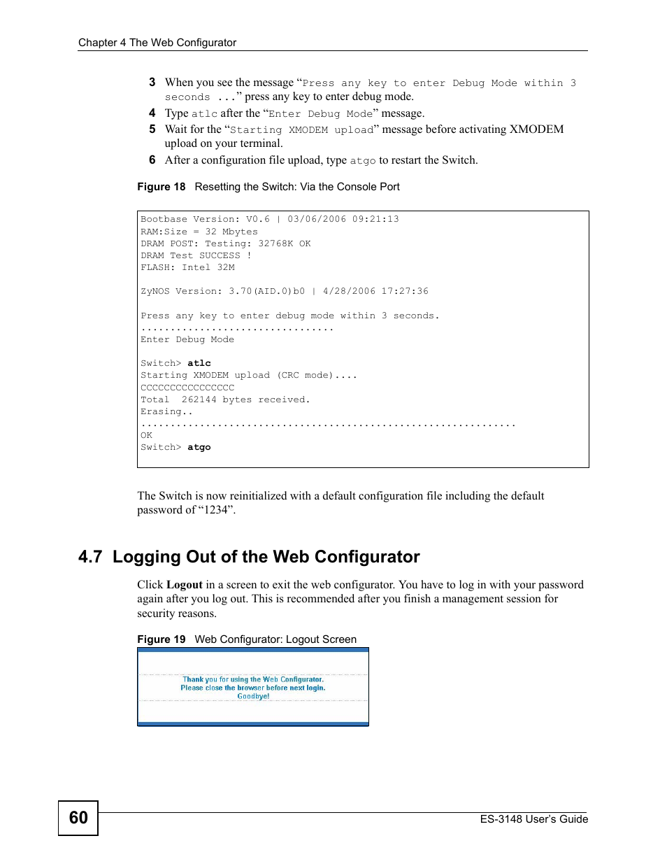 7 logging out of the web configurator | ZyXEL Communications ES-3148 Series User Manual | Page 60 / 362