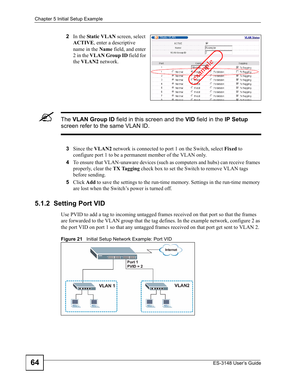 2 setting port vid, Figure 21 initial setup network example: port vid | ZyXEL Communications ES-3148 Series User Manual | Page 64 / 362