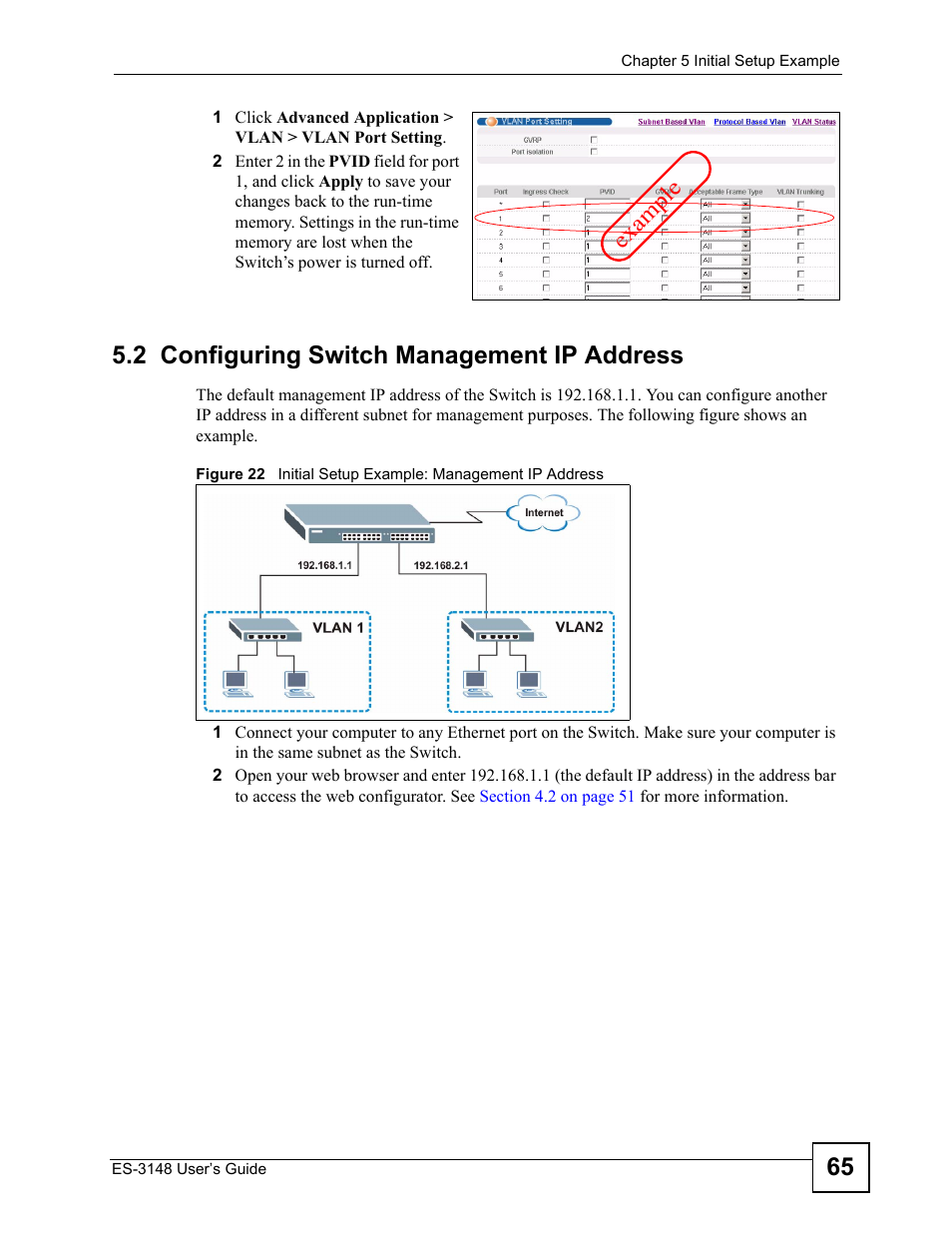 2 configuring switch management ip address, Ex am pl e | ZyXEL Communications ES-3148 Series User Manual | Page 65 / 362