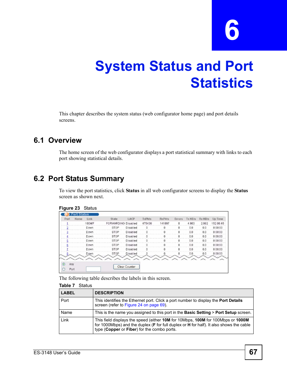 System status and port statistics, 1 overview, 2 port status summary | Chapter 6 system status and port statistics, 1 overview 6.2 port status summary, Figure 23 status, Table 7 status, System status and port statistics (67) | ZyXEL Communications ES-3148 Series User Manual | Page 67 / 362