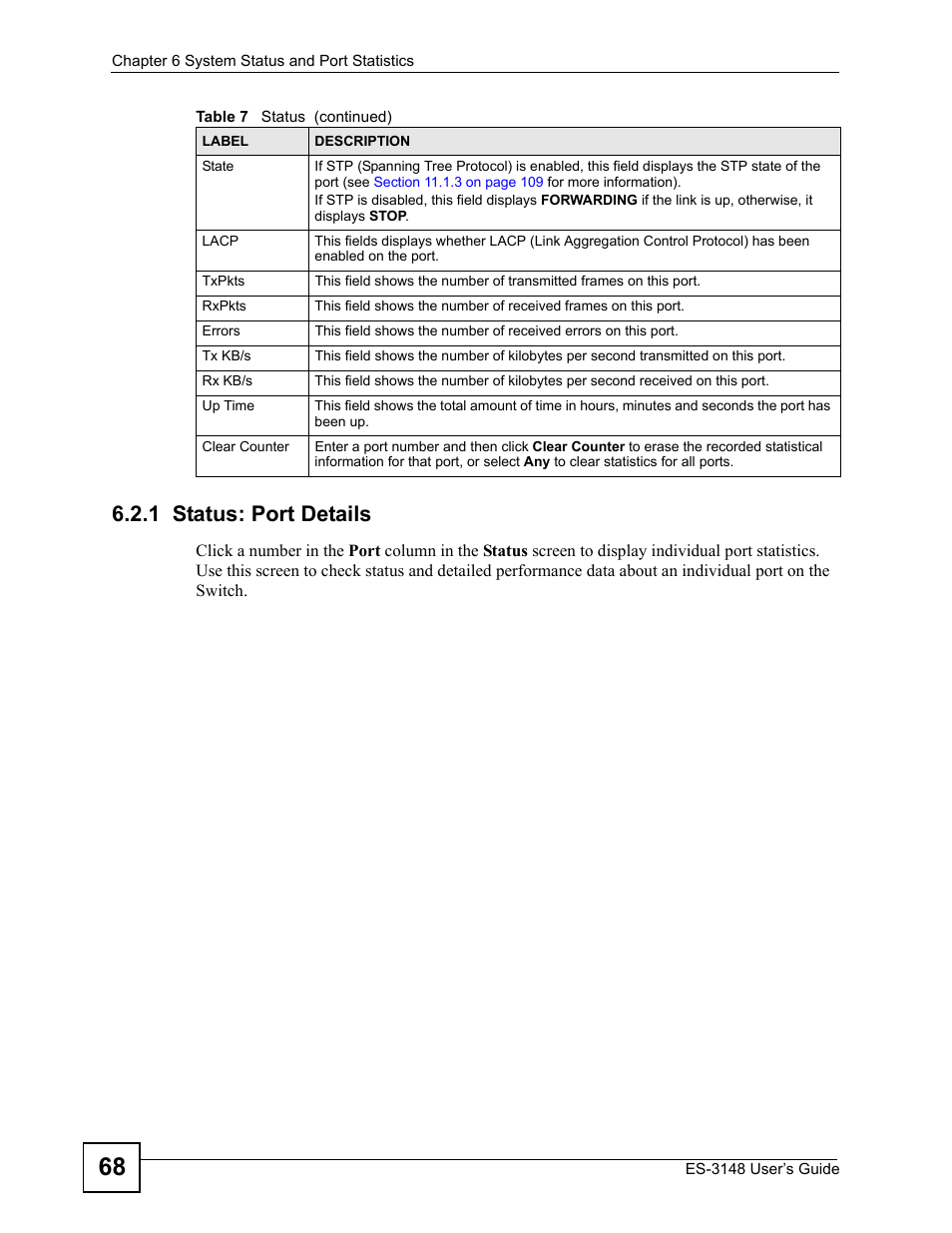 1 status: port details | ZyXEL Communications ES-3148 Series User Manual | Page 68 / 362