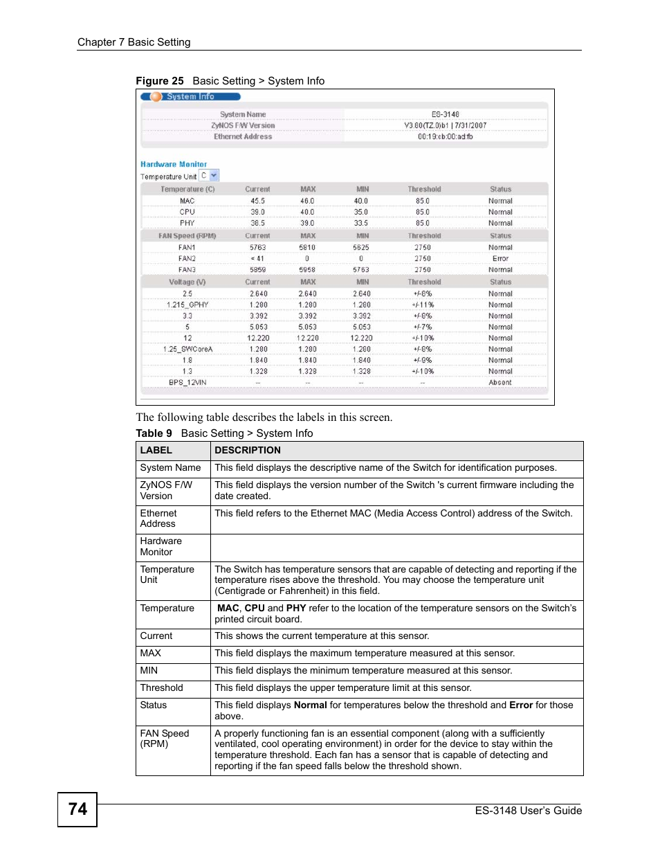 Figure 25 basic setting > system info, Table 9 basic setting > system info | ZyXEL Communications ES-3148 Series User Manual | Page 74 / 362