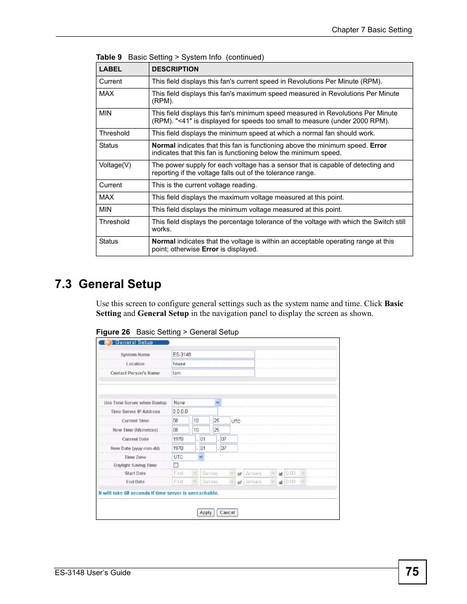 3 general setup, Figure 26 basic setting > general setup, 75 7.3 general setup | ZyXEL Communications ES-3148 Series User Manual | Page 75 / 362