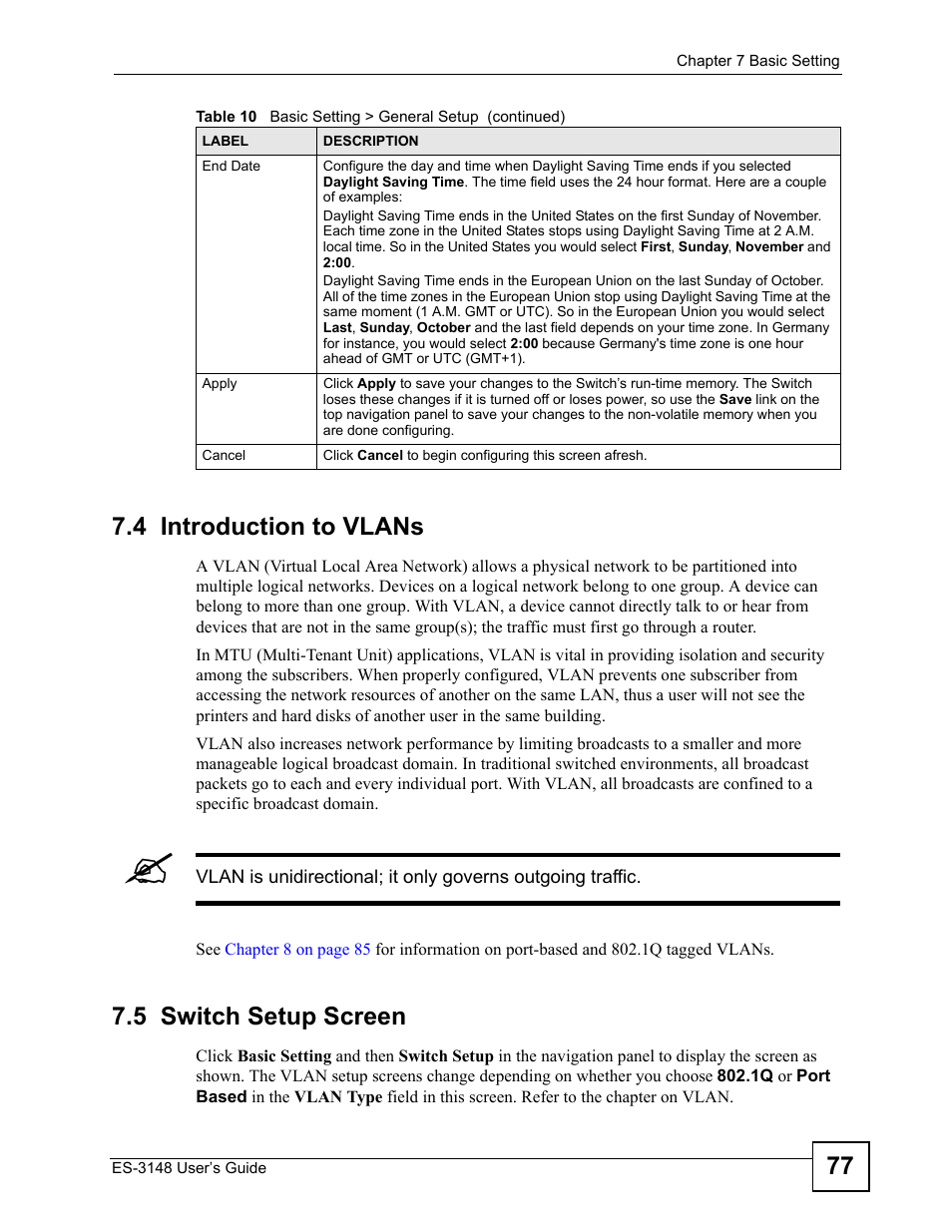 4 introduction to vlans, 5 switch setup screen, 4 introduction to vlans 7.5 switch setup screen | 77 7.4 introduction to vlans | ZyXEL Communications ES-3148 Series User Manual | Page 77 / 362