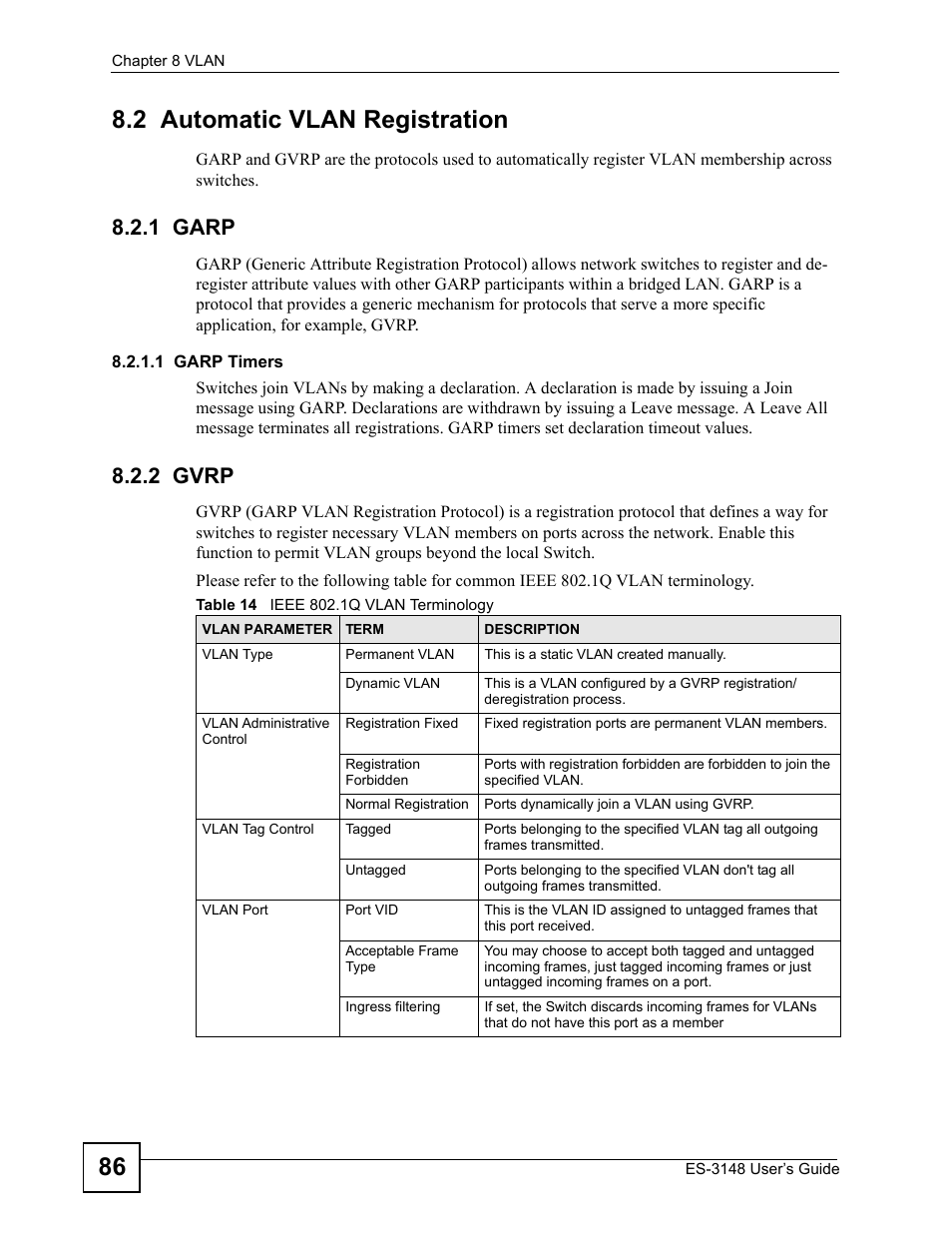 2 automatic vlan registration, 1 garp, 2 gvrp | 1 garp 8.2.2 gvrp, Table 14 ieee 802.1q vlan terminology, 86 8.2 automatic vlan registration | ZyXEL Communications ES-3148 Series User Manual | Page 86 / 362