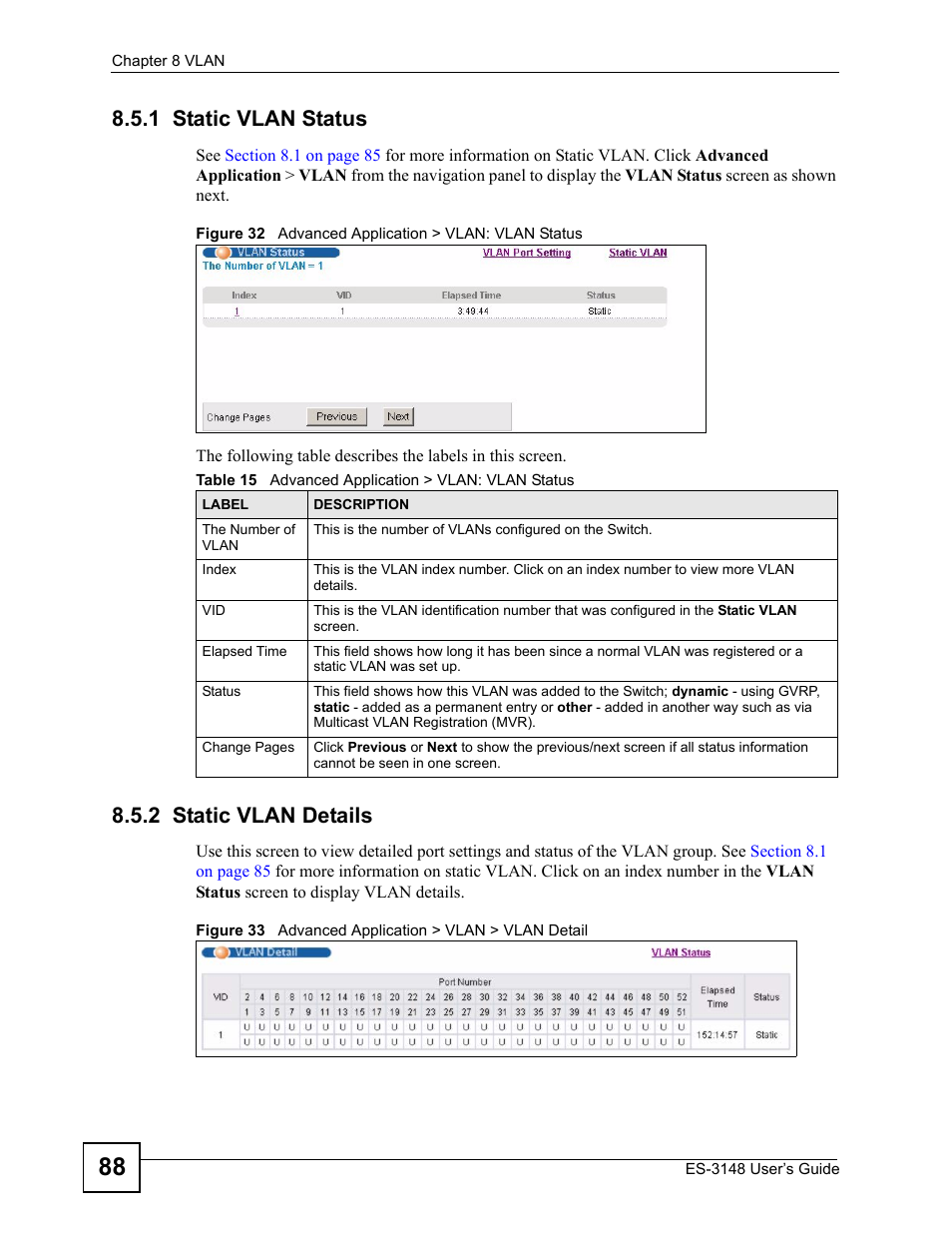 1 static vlan status, 2 static vlan details, 1 static vlan status 8.5.2 static vlan details | Table 15 advanced application > vlan: vlan status | ZyXEL Communications ES-3148 Series User Manual | Page 88 / 362