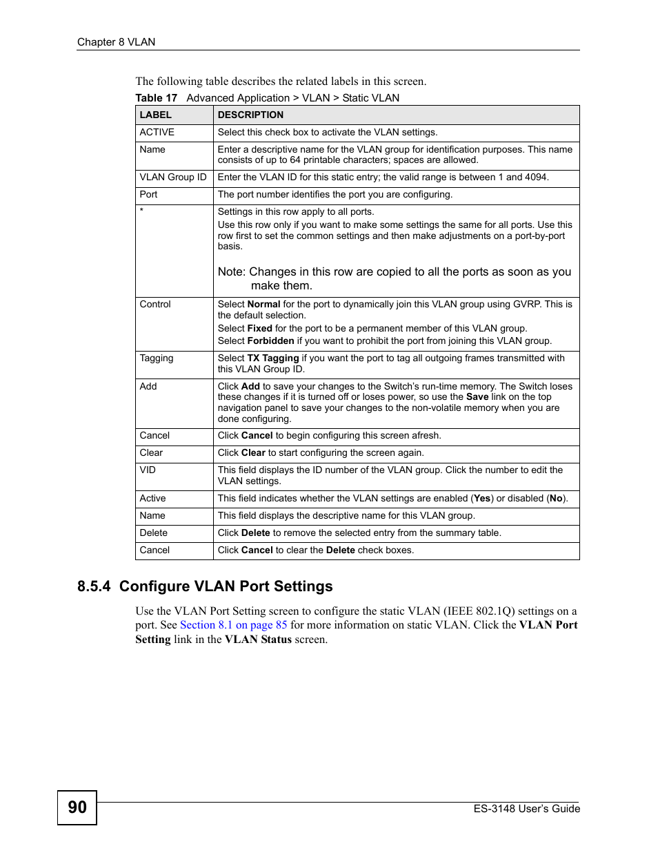 4 configure vlan port settings, Table 17 advanced application > vlan > static vlan | ZyXEL Communications ES-3148 Series User Manual | Page 90 / 362