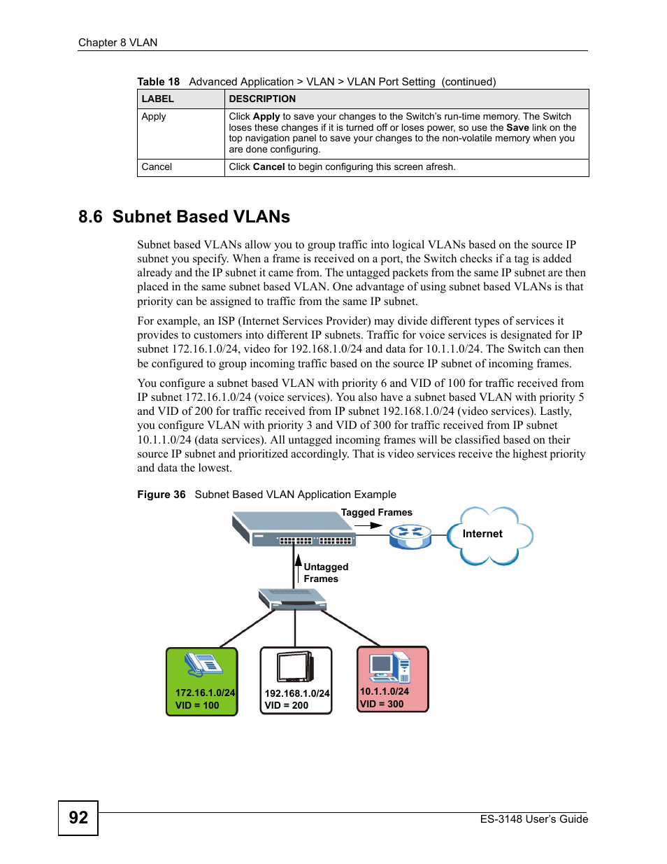 6 subnet based vlans, Figure 36 subnet based vlan application example, 92 8.6 subnet based vlans | ZyXEL Communications ES-3148 Series User Manual | Page 92 / 362