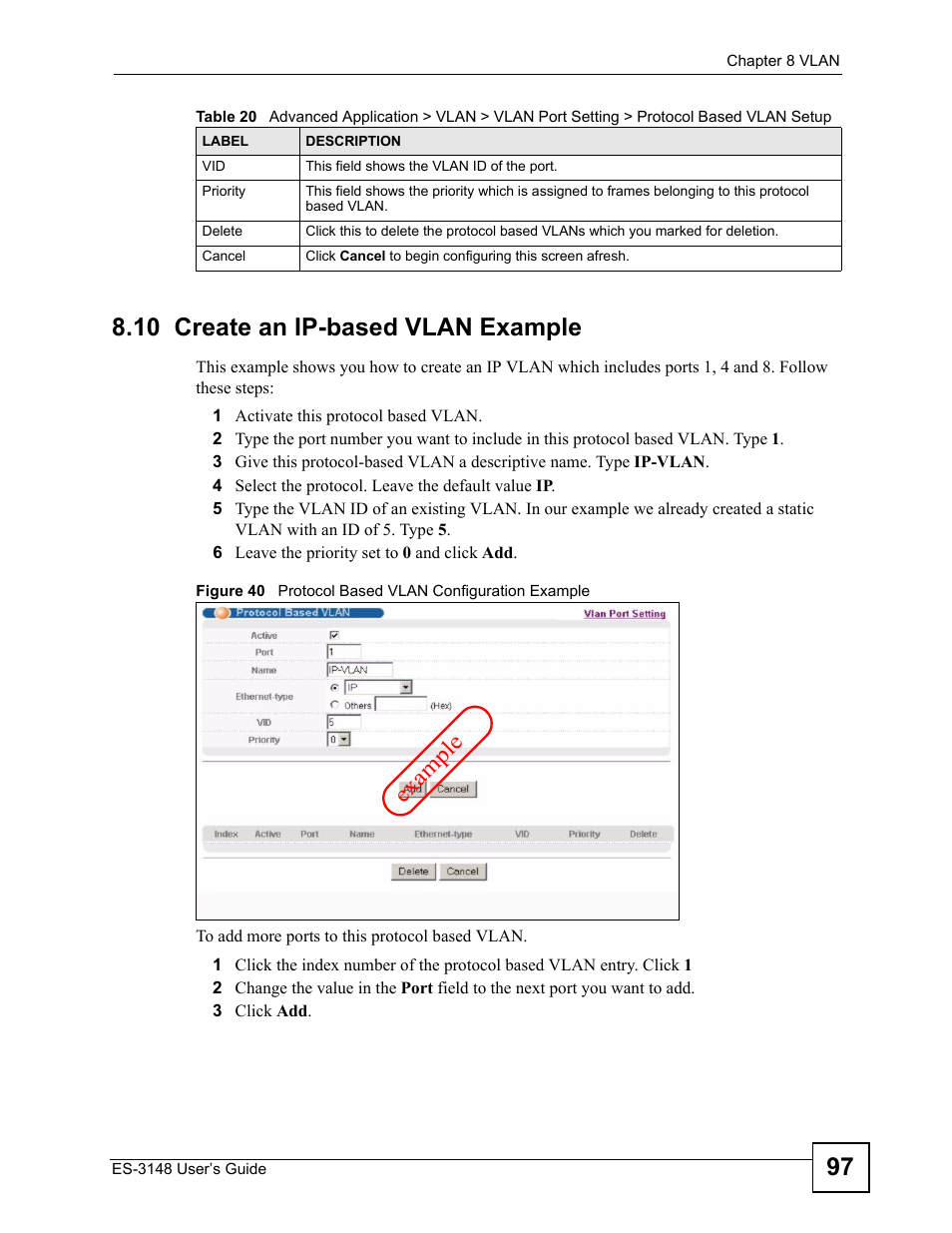 10 create an ip-based vlan example, Exa mp le | ZyXEL Communications ES-3148 Series User Manual | Page 97 / 362