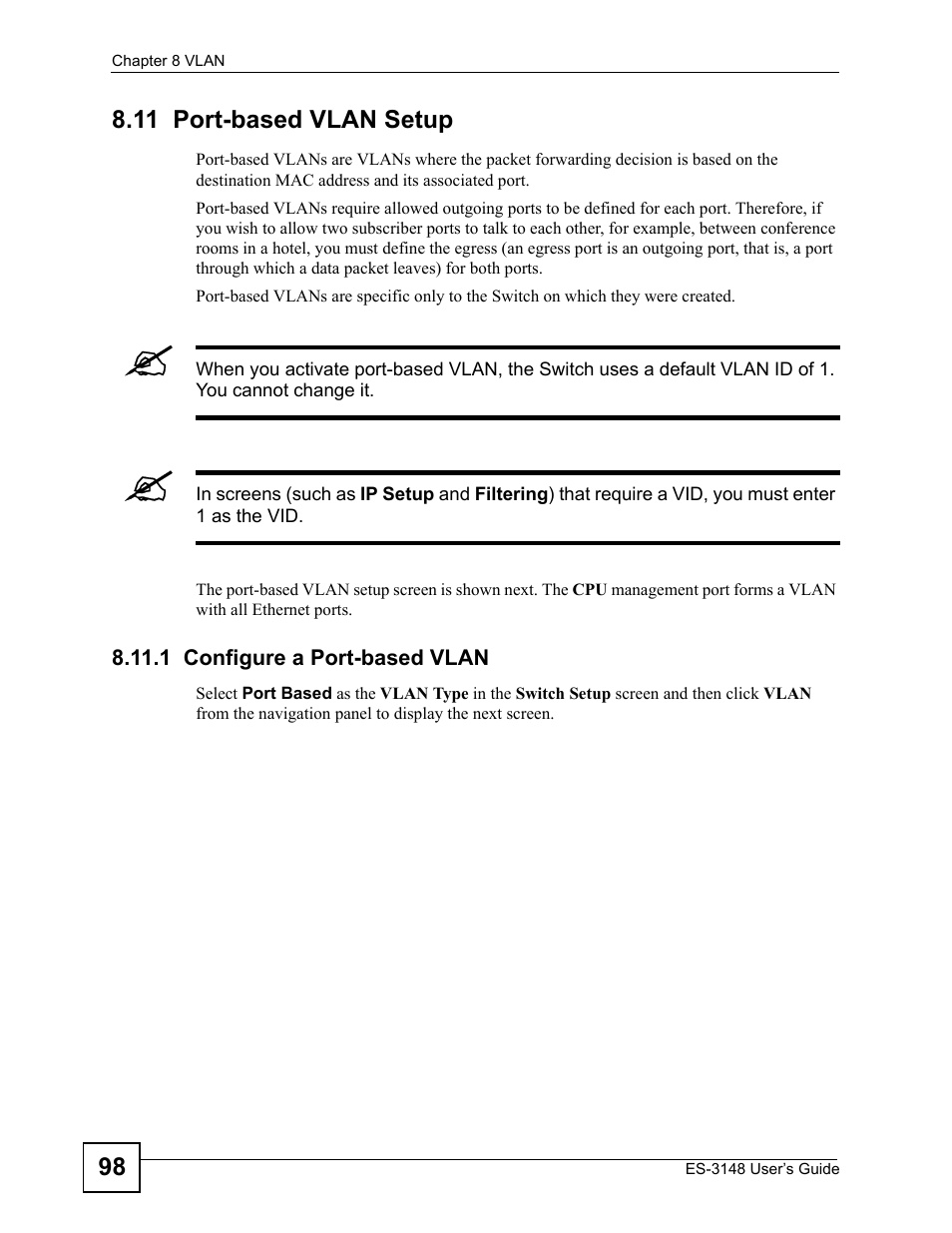 11 port-based vlan setup, 1 configure a port-based vlan | ZyXEL Communications ES-3148 Series User Manual | Page 98 / 362