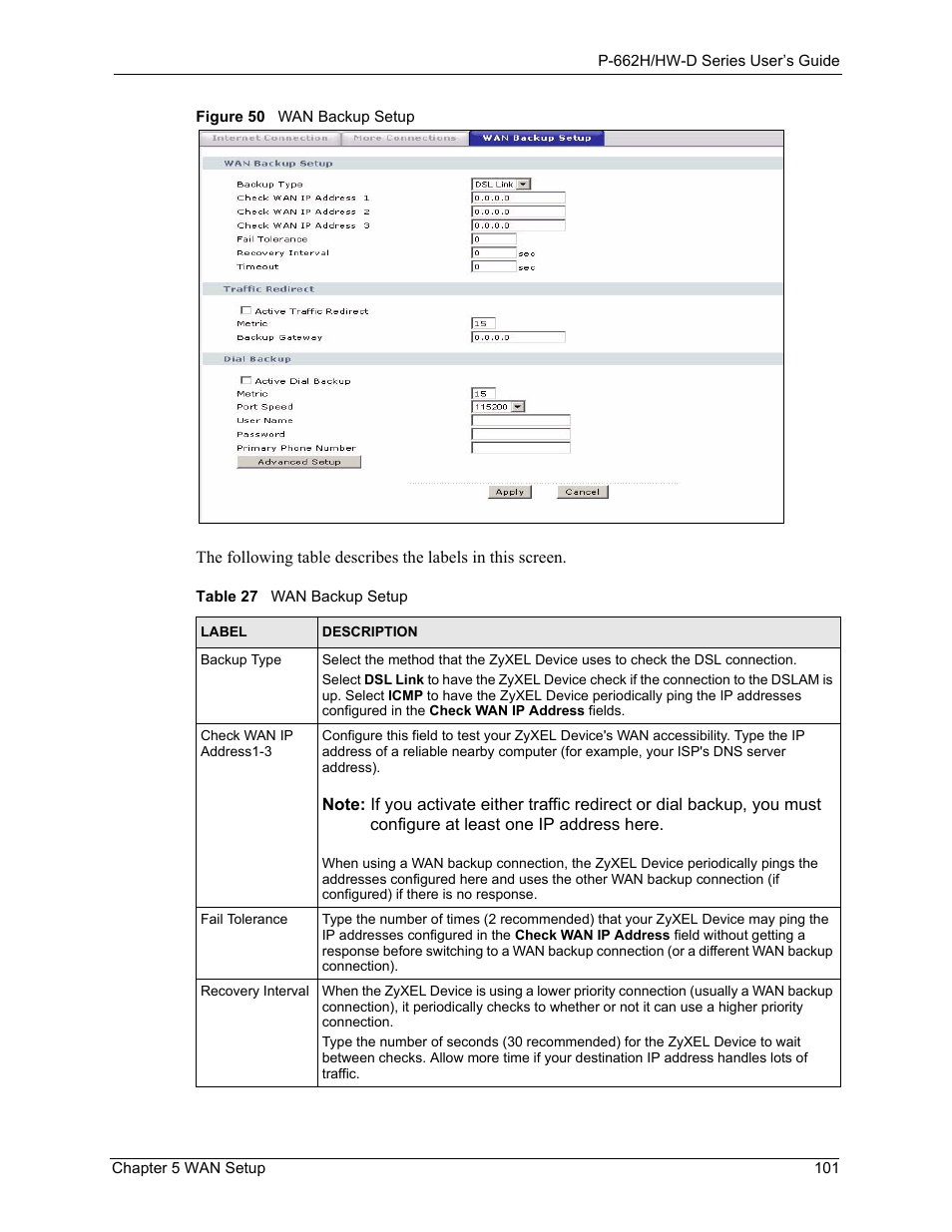 Figure 50 wan backup setup, Table 27 wan backup setup | ZyXEL Communications 802.11g ADSL 2+ 4-Port Security Gateway HW-D Series User Manual | Page 101 / 496