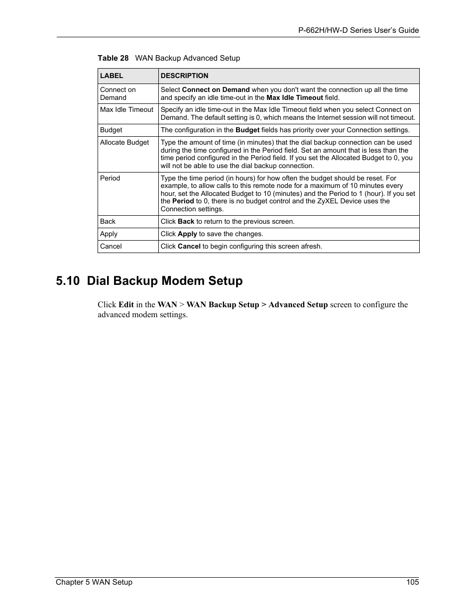 10 dial backup modem setup | ZyXEL Communications 802.11g ADSL 2+ 4-Port Security Gateway HW-D Series User Manual | Page 105 / 496