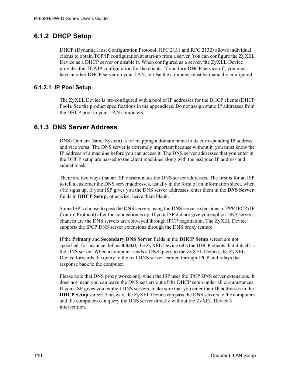 2 dhcp setup, 1 ip pool setup, 3 dns server address | ZyXEL Communications 802.11g ADSL 2+ 4-Port Security Gateway HW-D Series User Manual | Page 110 / 496