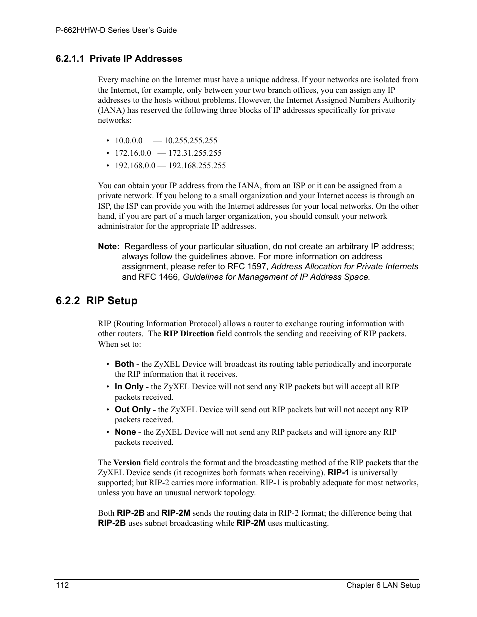 1 private ip addresses, 2 rip setup | ZyXEL Communications 802.11g ADSL 2+ 4-Port Security Gateway HW-D Series User Manual | Page 112 / 496