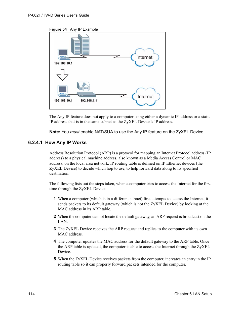 1 how any ip works, Figure 54 any ip example | ZyXEL Communications 802.11g ADSL 2+ 4-Port Security Gateway HW-D Series User Manual | Page 114 / 496