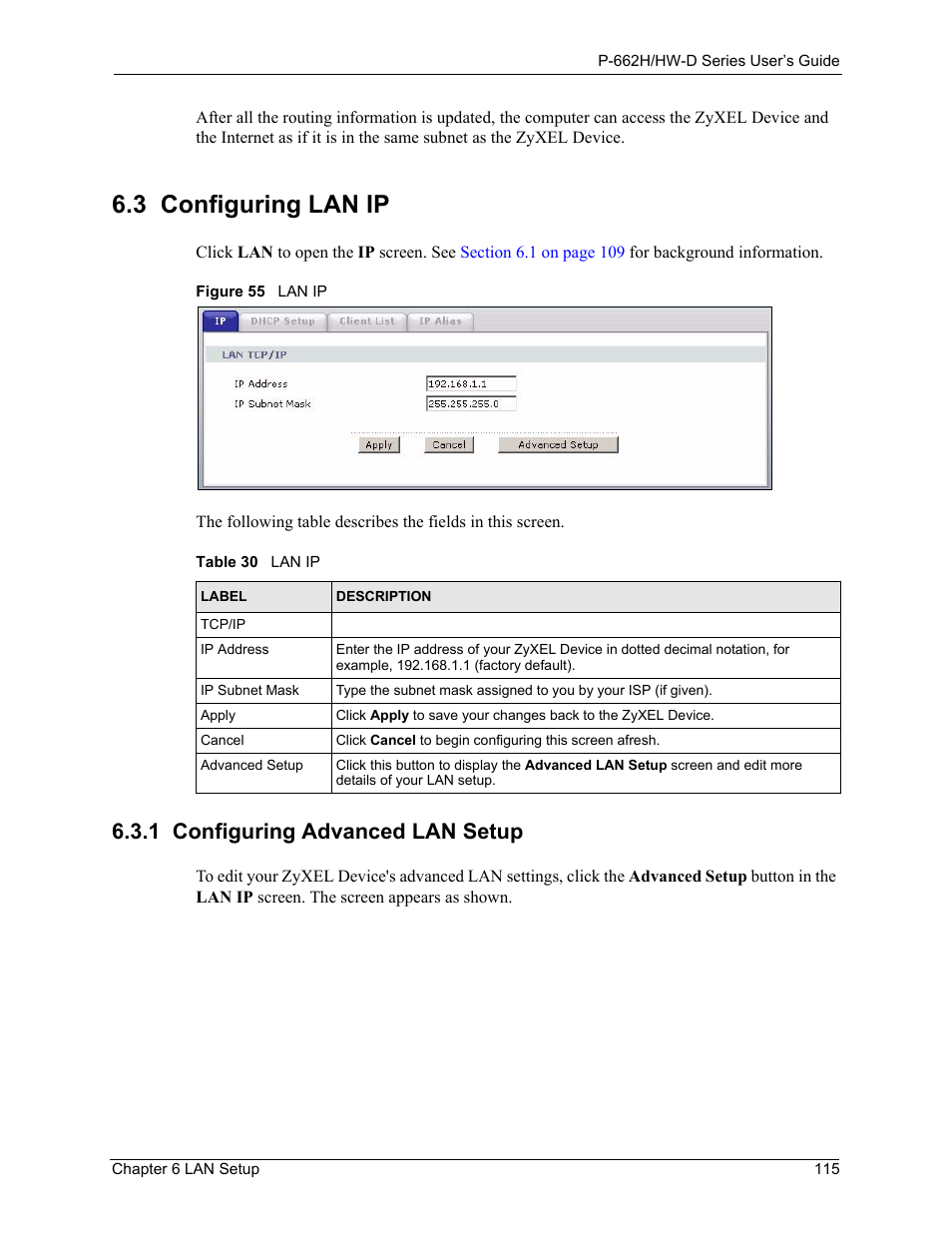 3 configuring lan ip, 1 configuring advanced lan setup, Figure 55 lan ip | Table 30 lan ip | ZyXEL Communications 802.11g ADSL 2+ 4-Port Security Gateway HW-D Series User Manual | Page 115 / 496