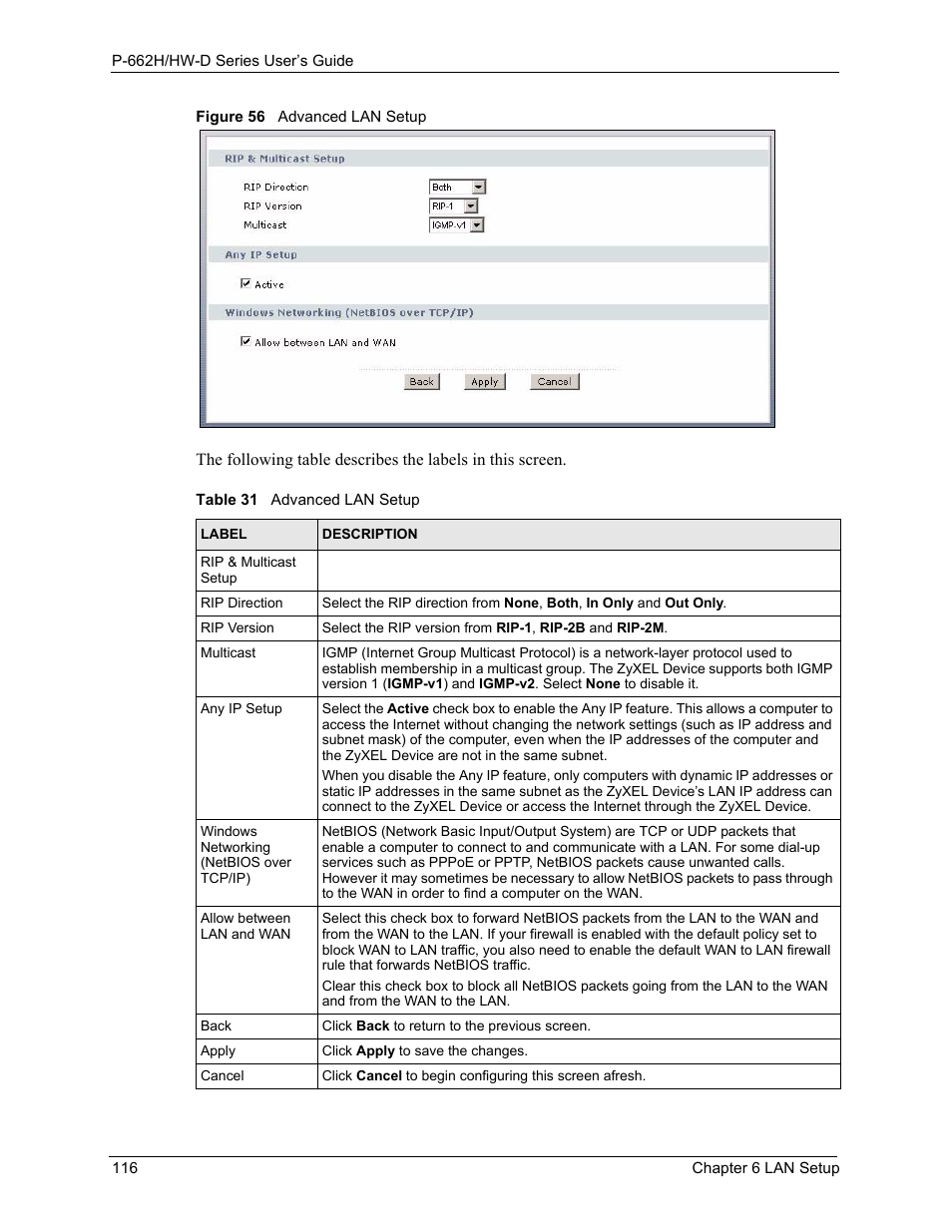 Figure 56 advanced lan setup, Table 31 advanced lan setup | ZyXEL Communications 802.11g ADSL 2+ 4-Port Security Gateway HW-D Series User Manual | Page 116 / 496