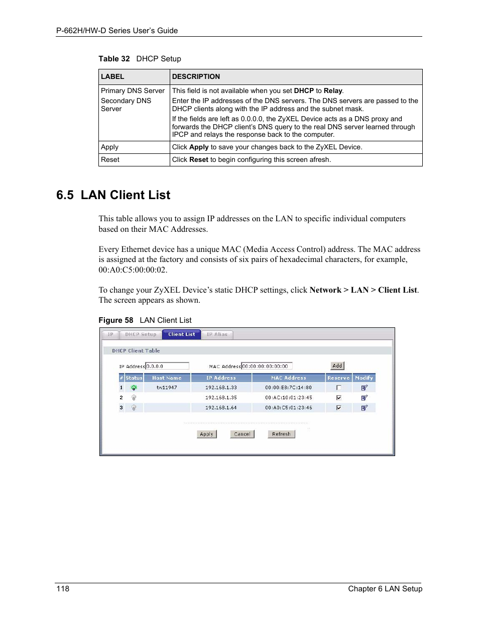 5 lan client list, Figure 58 lan client list | ZyXEL Communications 802.11g ADSL 2+ 4-Port Security Gateway HW-D Series User Manual | Page 118 / 496