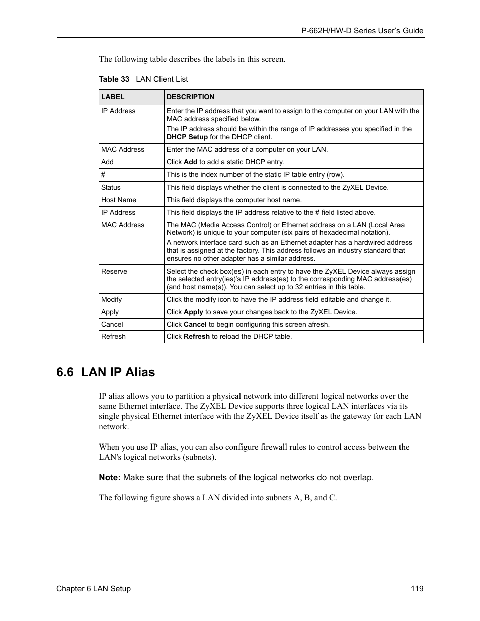 6 lan ip alias, Table 33 lan client list | ZyXEL Communications 802.11g ADSL 2+ 4-Port Security Gateway HW-D Series User Manual | Page 119 / 496