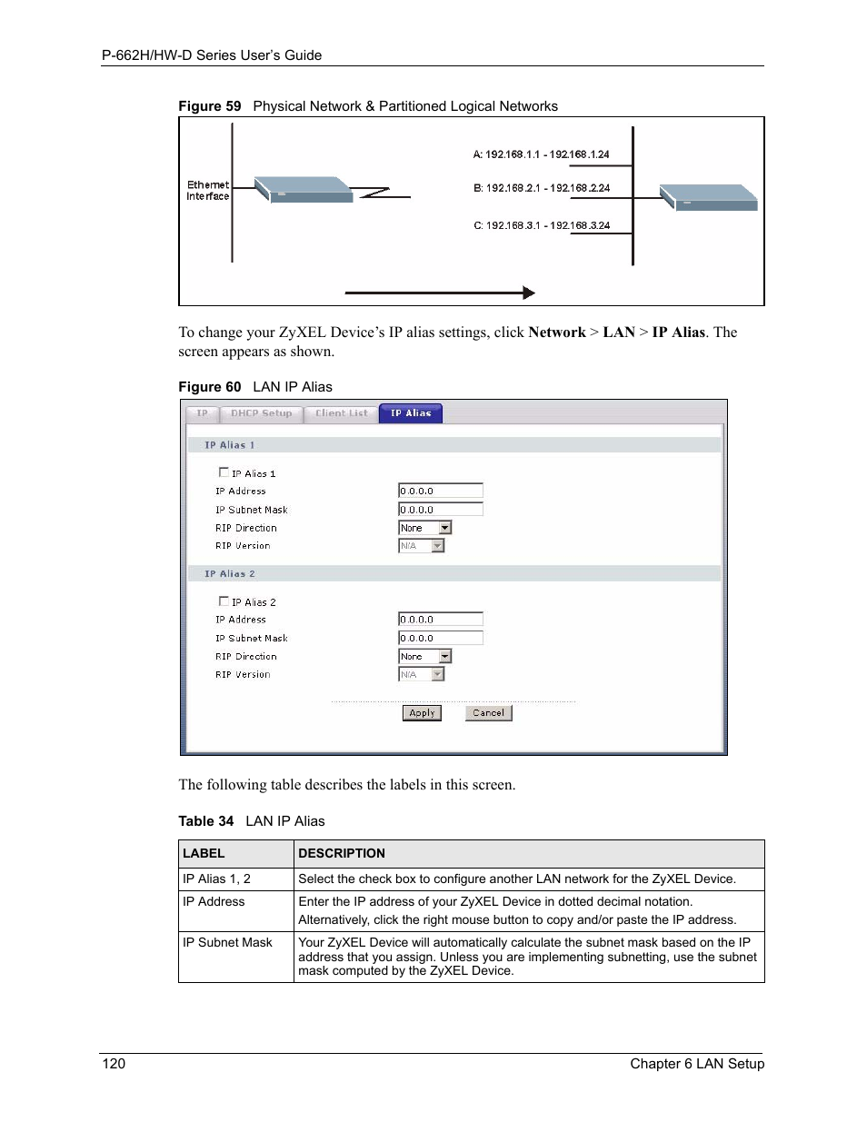Table 34 lan ip alias | ZyXEL Communications 802.11g ADSL 2+ 4-Port Security Gateway HW-D Series User Manual | Page 120 / 496