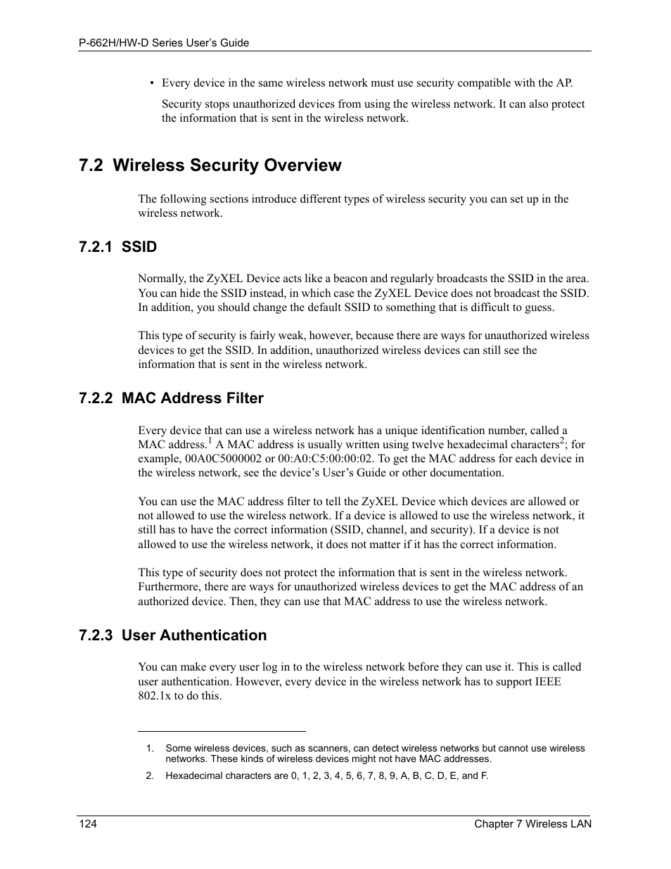 2 wireless security overview, 1 ssid, 2 mac address filter | 3 user authentication | ZyXEL Communications 802.11g ADSL 2+ 4-Port Security Gateway HW-D Series User Manual | Page 124 / 496