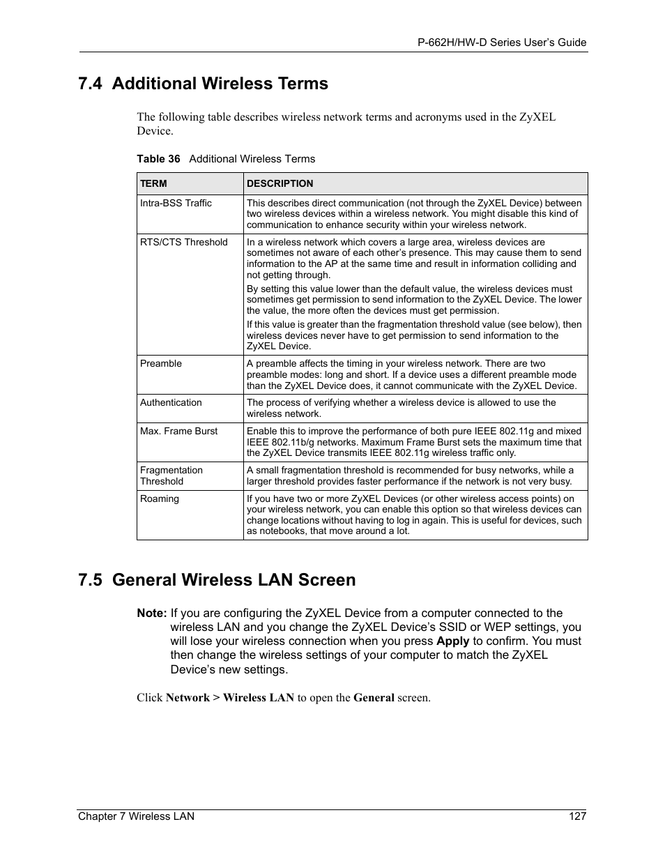 4 additional wireless terms, Table 36 additional wireless terms, 5 general wireless lan screen | ZyXEL Communications 802.11g ADSL 2+ 4-Port Security Gateway HW-D Series User Manual | Page 127 / 496