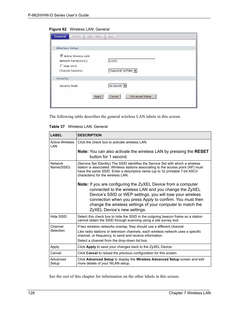 Figure 62 wireless lan: general, Table 37 wireless lan: general | ZyXEL Communications 802.11g ADSL 2+ 4-Port Security Gateway HW-D Series User Manual | Page 128 / 496