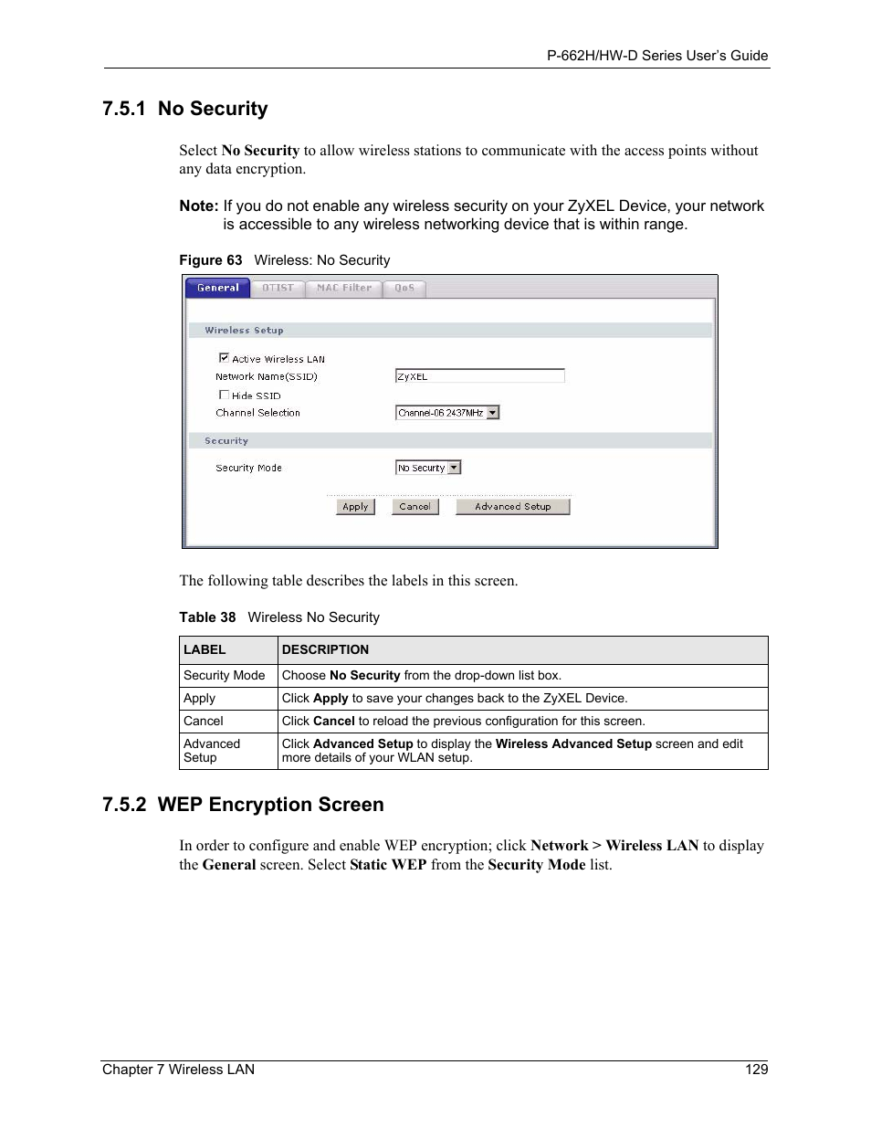 2 wep encryption screen, 1 no security 7.5.2 wep encryption screen, Figure 63 wireless: no security | Table 38 wireless no security, 1 no security | ZyXEL Communications 802.11g ADSL 2+ 4-Port Security Gateway HW-D Series User Manual | Page 129 / 496