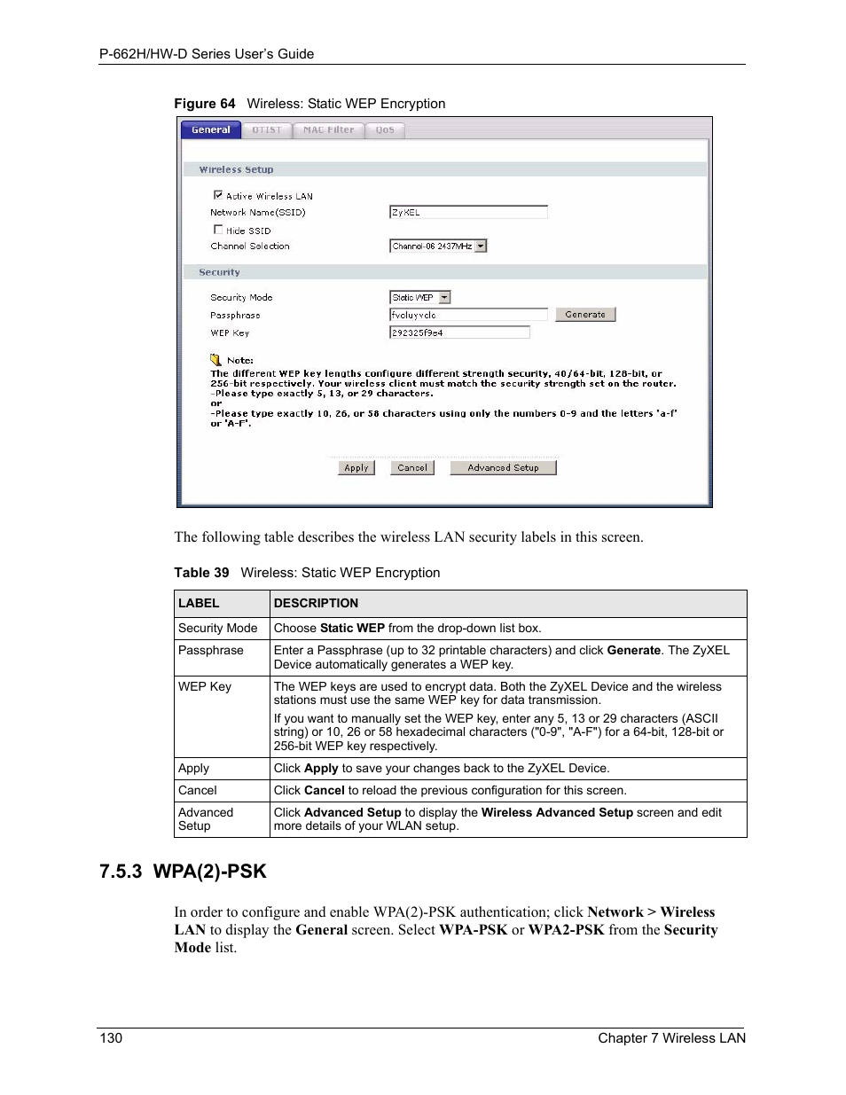 3 wpa(2)-psk, Figure 64 wireless: static wep encryption, Table 39 wireless: static wep encryption | ZyXEL Communications 802.11g ADSL 2+ 4-Port Security Gateway HW-D Series User Manual | Page 130 / 496