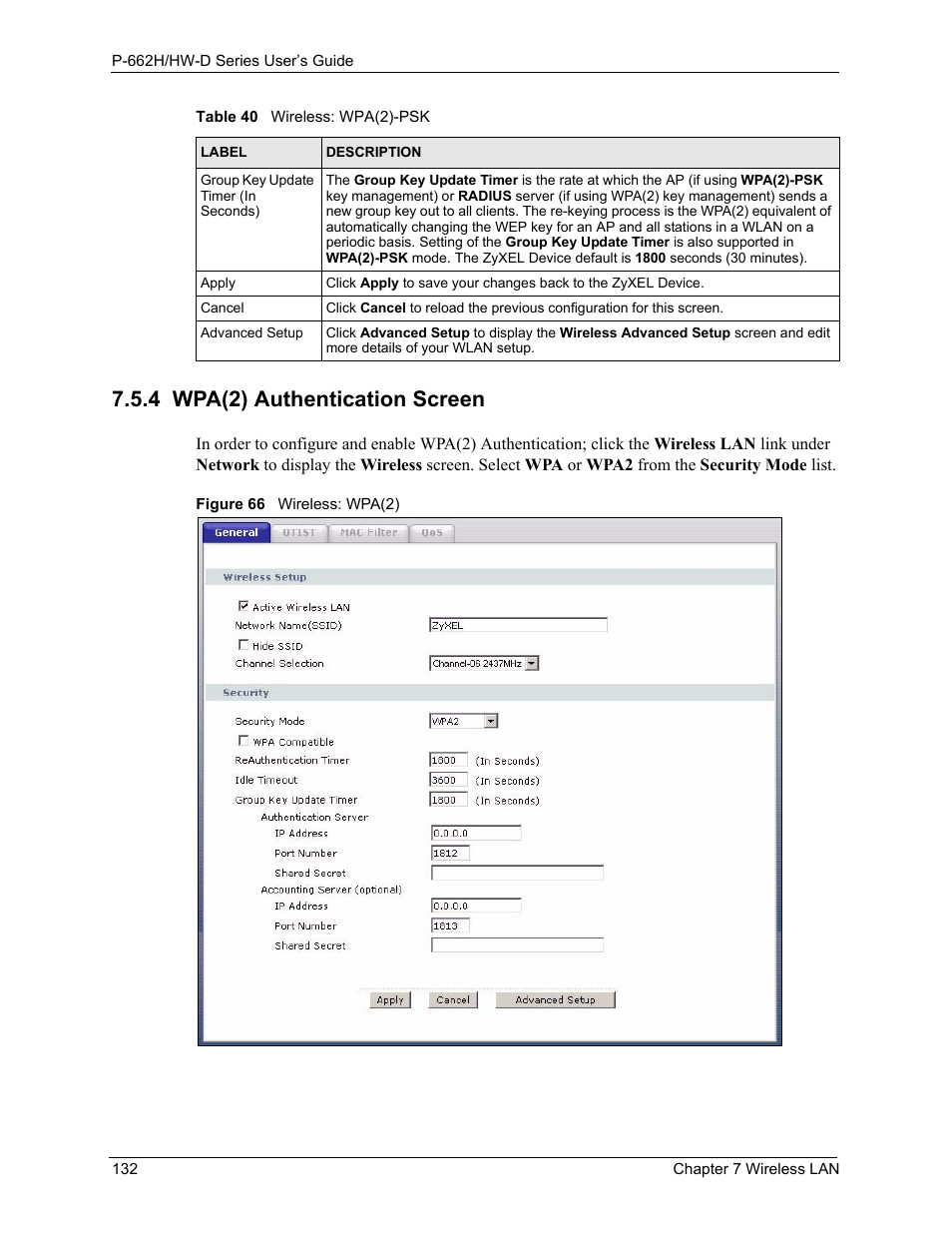 4 wpa(2) authentication screen, Figure 66 wireless: wpa(2) | ZyXEL Communications 802.11g ADSL 2+ 4-Port Security Gateway HW-D Series User Manual | Page 132 / 496