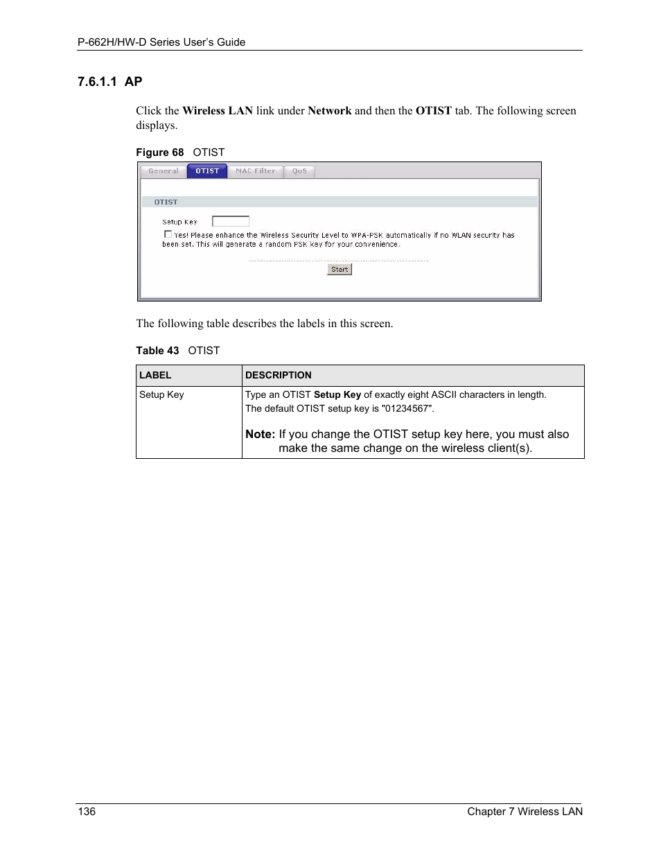 1 ap, Figure 68 otist, Table 43 otist | ZyXEL Communications 802.11g ADSL 2+ 4-Port Security Gateway HW-D Series User Manual | Page 136 / 496