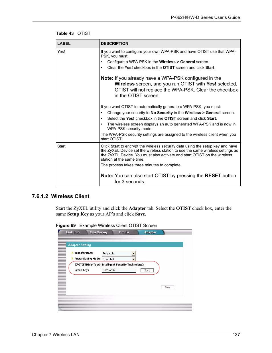 2 wireless client, Figure 69 example wireless client otist screen | ZyXEL Communications 802.11g ADSL 2+ 4-Port Security Gateway HW-D Series User Manual | Page 137 / 496