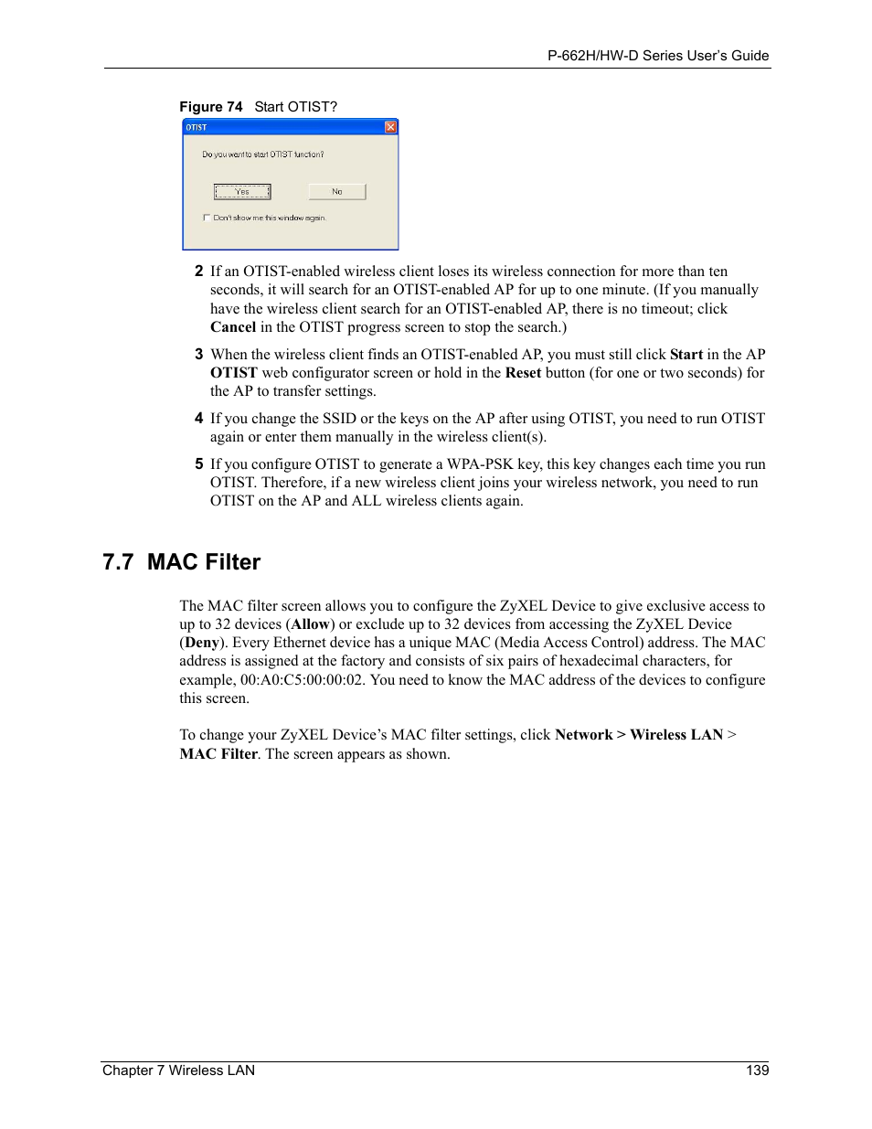 7 mac filter, Figure 74 start otist | ZyXEL Communications 802.11g ADSL 2+ 4-Port Security Gateway HW-D Series User Manual | Page 139 / 496