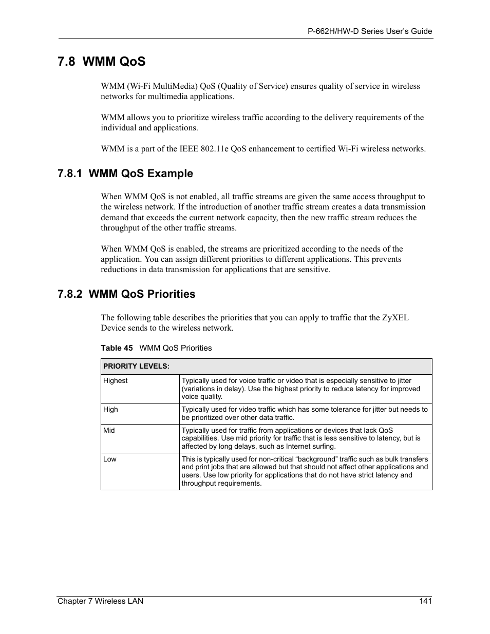 1 wmm qos example, 2 wmm qos priorities, 8 wmm qos | 1 wmm qos example 7.8.2 wmm qos priorities, Table 45 wmm qos priorities | ZyXEL Communications 802.11g ADSL 2+ 4-Port Security Gateway HW-D Series User Manual | Page 141 / 496