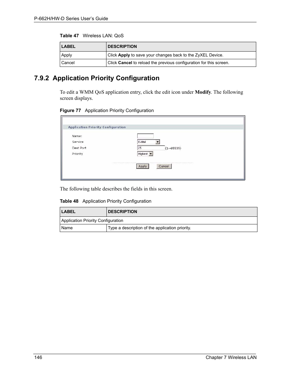 2 application priority configuration, Figure 77 application priority configuration, Table 48 application priority configuration | ZyXEL Communications 802.11g ADSL 2+ 4-Port Security Gateway HW-D Series User Manual | Page 146 / 496