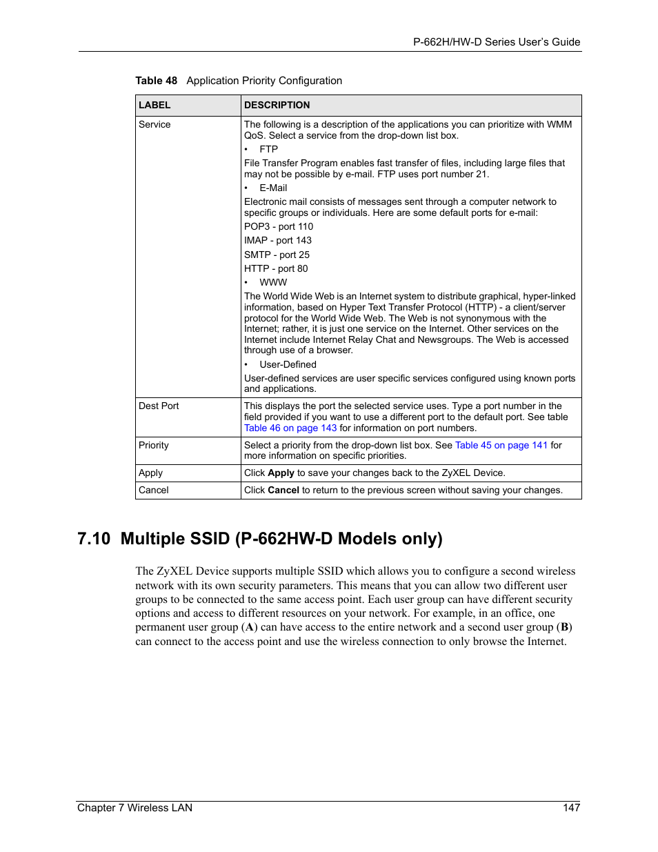 10 multiple ssid (p-662hw-d models only) | ZyXEL Communications 802.11g ADSL 2+ 4-Port Security Gateway HW-D Series User Manual | Page 147 / 496