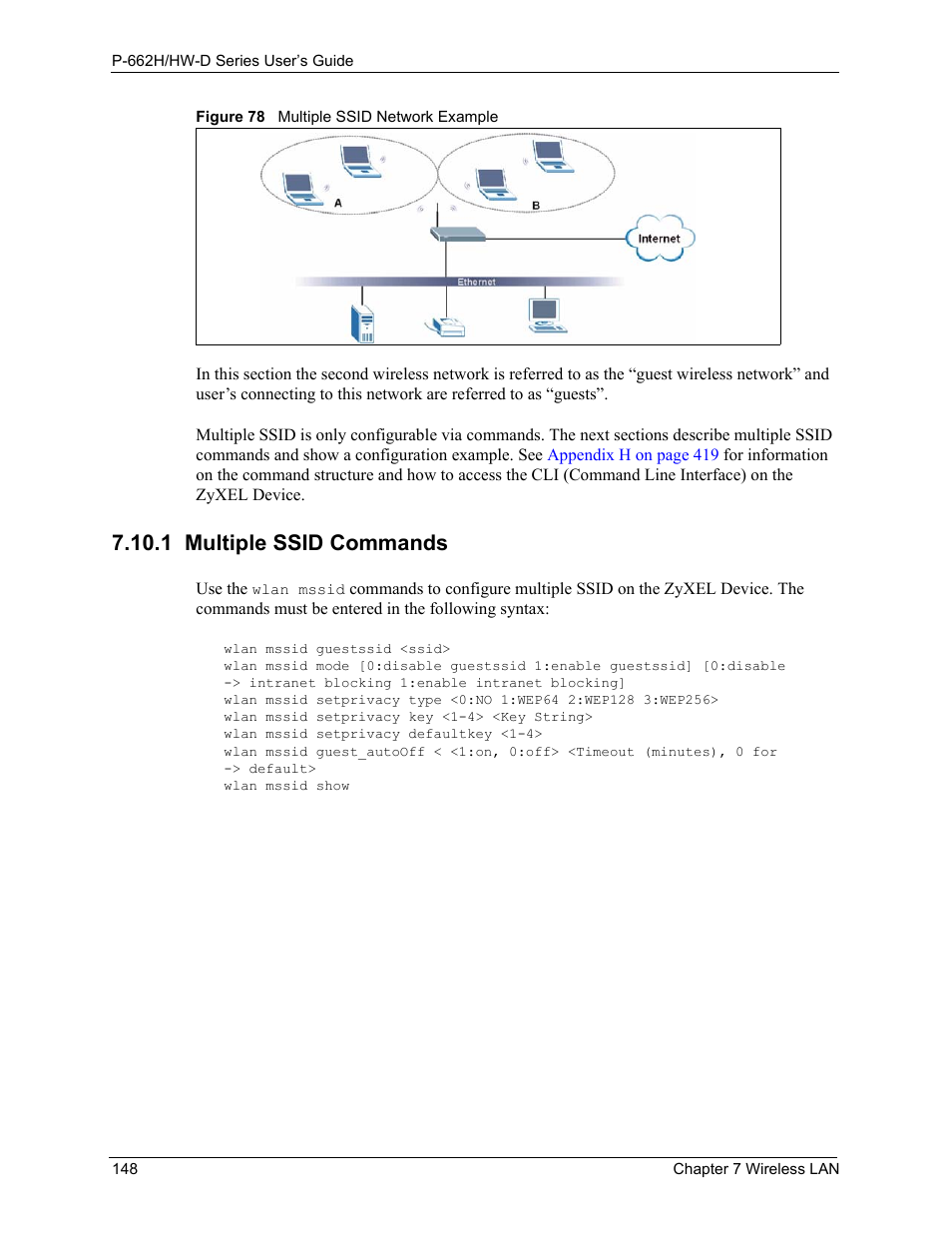 1 multiple ssid commands, Figure 78 multiple ssid network example | ZyXEL Communications 802.11g ADSL 2+ 4-Port Security Gateway HW-D Series User Manual | Page 148 / 496
