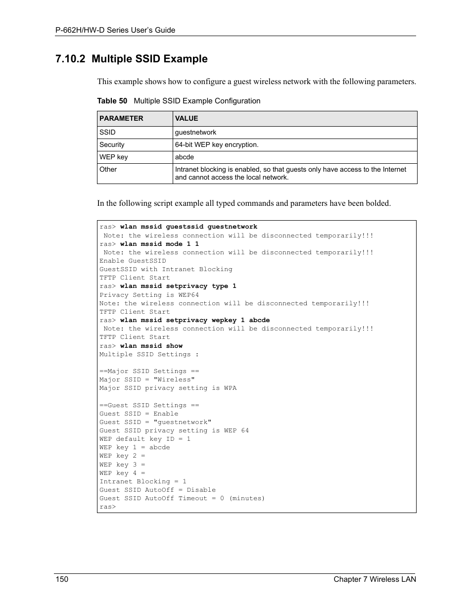 2 multiple ssid example, Table 50 multiple ssid example configuration | ZyXEL Communications 802.11g ADSL 2+ 4-Port Security Gateway HW-D Series User Manual | Page 150 / 496